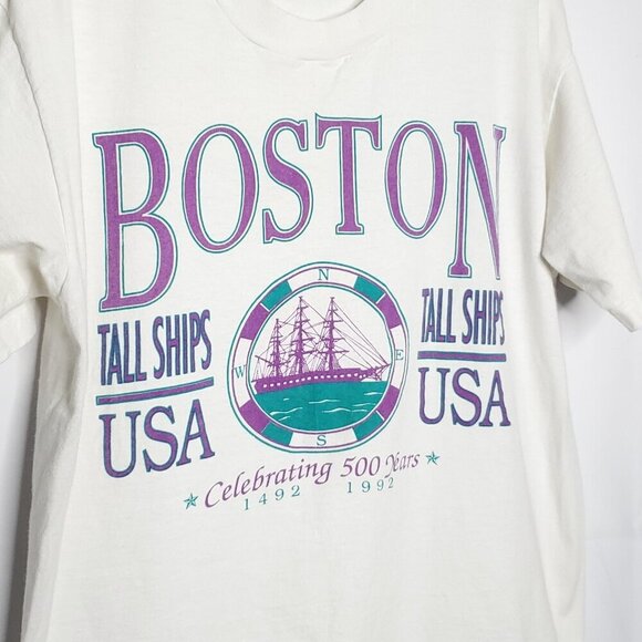 Vintage Boston Tall Ships T Shirt Sz L 500 Years 1992 White Purple Nautical - Picture 2 of 6